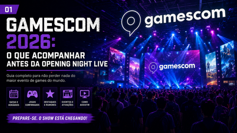 Capa editorial da Gamescom 2026 com palco e identidade do evento.