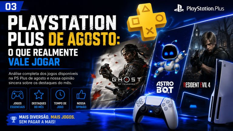 Capa editorial do PlayStation Plus de agosto com símbolos do serviço.
