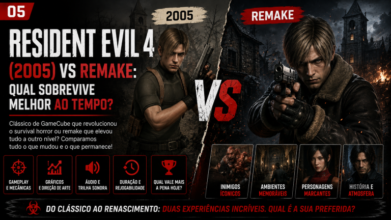 Capa comparativa de Resident Evil 4 original e remake.