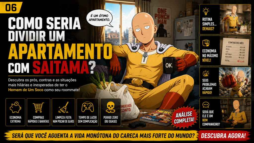 Ilustração editorial de Saitama em um apartamento compartilhado.