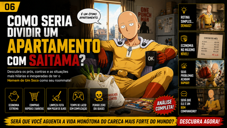 Ilustração editorial de Saitama em um apartamento compartilhado.