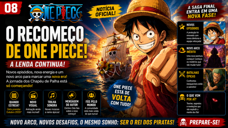 Capa editorial de THE ONE PIECE com navio ao pôr do sol.