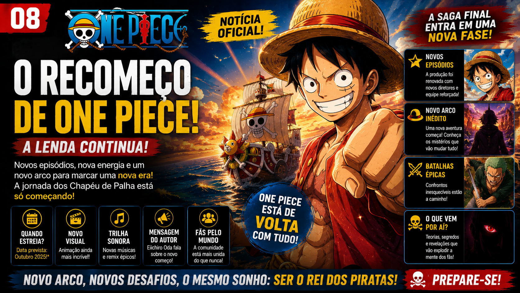 Capa editorial de THE ONE PIECE com navio ao pôr do sol.