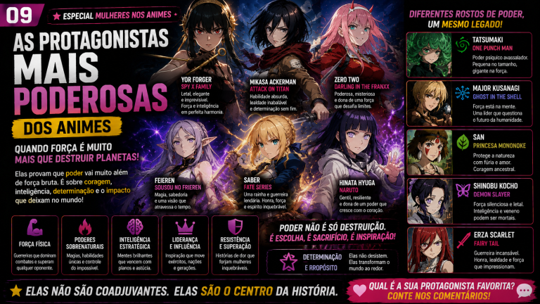 Capa editorial sobre protagonistas poderosas dos animes.