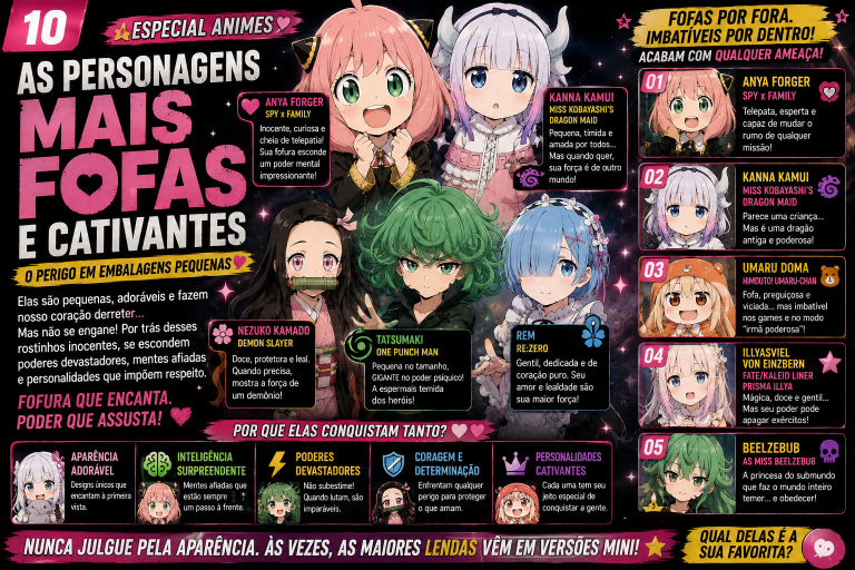 Capa editorial sobre personagens fofas e cativantes dos animes.