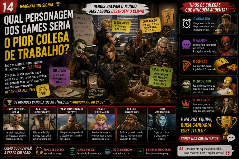 Capa humorística com personagens de games avaliados como colegas de trabalho.