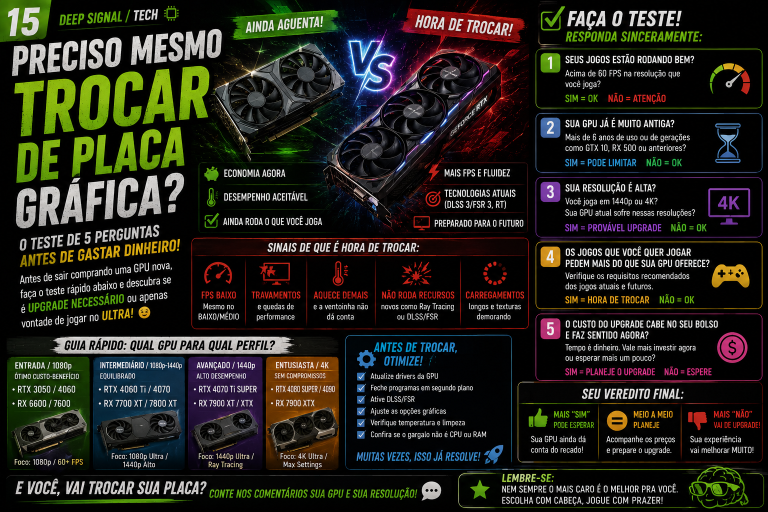 Capa editorial com placa gráfica e lista de decisão de upgrade.