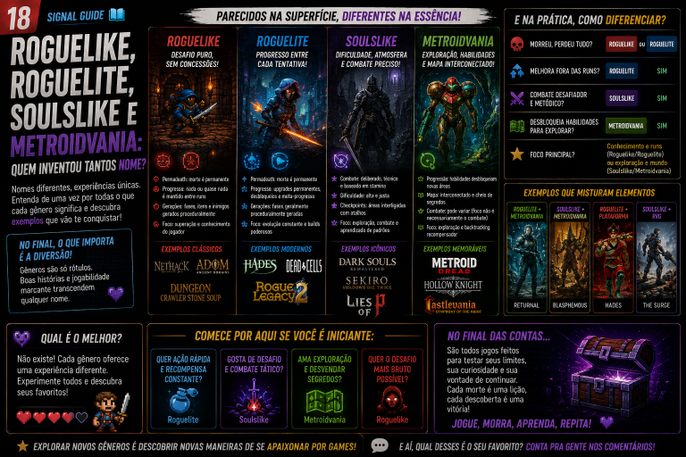 Capa editorial sobre roguelike, roguelite, soulslike e metroidvania.