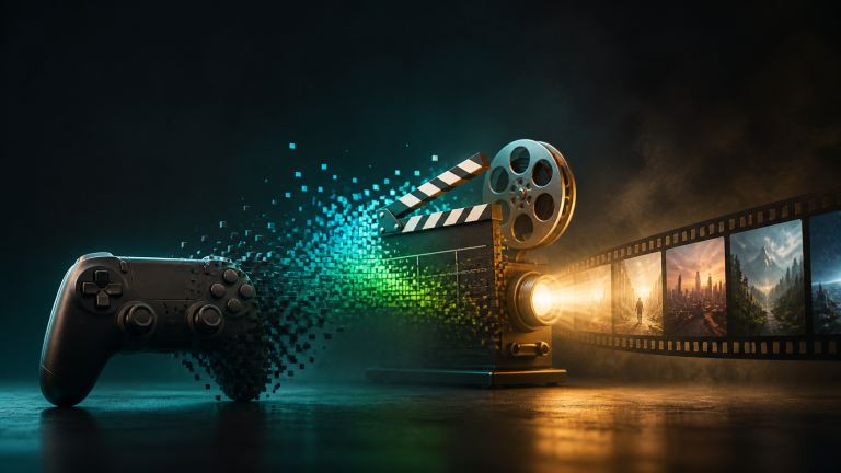 Arte editorial do PixelSignal sobre a transformação de videogames em cinema