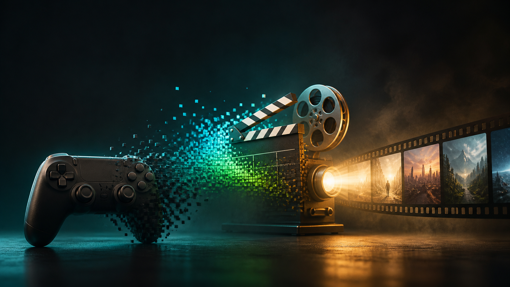 Arte editorial do PixelSignal sobre a transformação de videogames em cinema